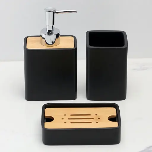 [BATHAC9] 360 HOME BROWN BOX RESINE 3PCS SET SOAP DISH LOTION BOTTLE MOUTH CUP