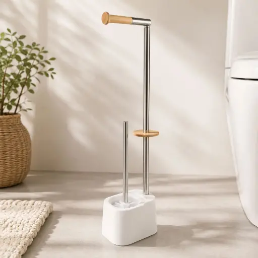 [BATHAC57] 360 HOME FLOOR STANDING TOILET BRUSH HOLDER 16.5x12.5x67cm,846,430STAINLESS STEEL+BAMBOO