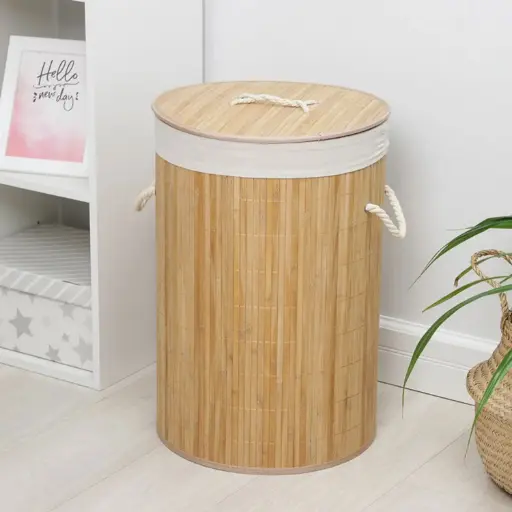 [BATHAC71] 360 HOME STORAGE BASKET CYLINDRICAL  NATURAL BAMBOO WITH LID Dia:34*57cm，1.3kg