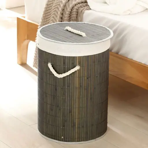 [BATHAC72] 360 HOME STORAGE BASKET CYLINDRICAL GREY BAMBOO Dia:34*57cm，1.3kg
