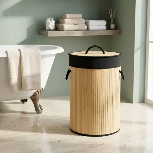 [BATHAC77] 360 HOME STORAGE BASKET CYLINDRICAL NATURAL BAMBOO WITH LID  Dia:35*50cm