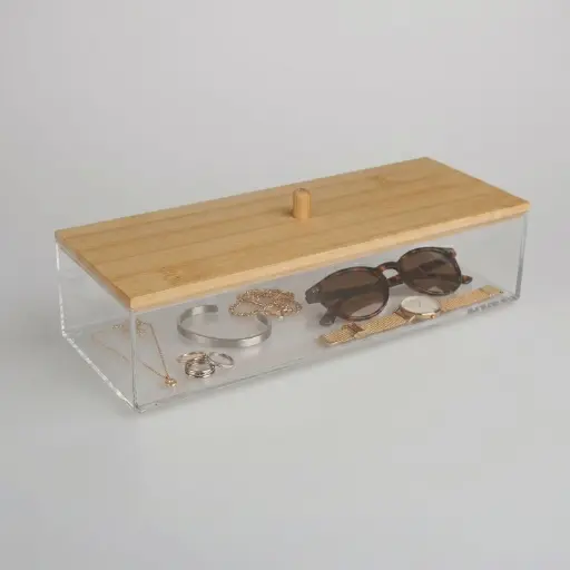 [BATHAC80] 360 HOME STORAGE COSMETIC BOX RECTANGULAR FLAT POLYSTERINE WITH BAMBOO LID 25.6*9.6*6.55 321g