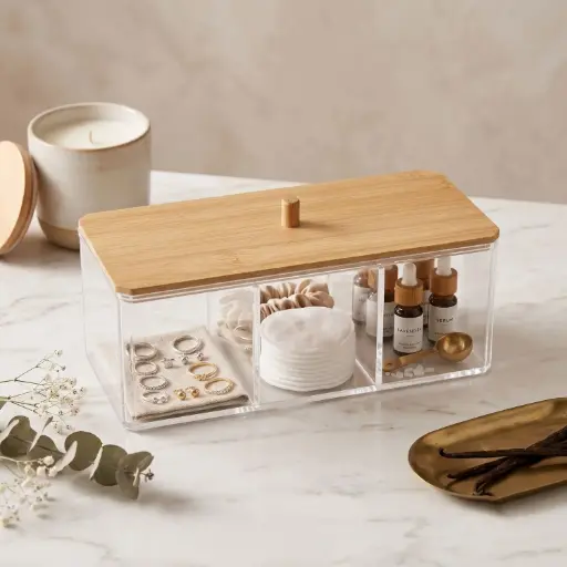 [BATHAC83] 360 HOME STORAGE COSMETIC CASE RECTANGULAR HIGH  3COMPARTMENTS POLYSTERINE+LID BAMBOO 22.8*9.5*8.0,325g