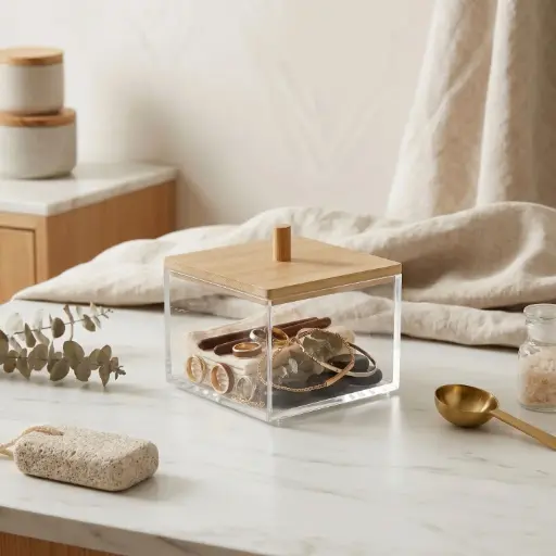 [BATHAC86] 360 HOME STORAGE COSMETIC STORAGE SMALL FLAT POLYSTERINE+LID BAMBOO：9.65*9.65*6.55，146g