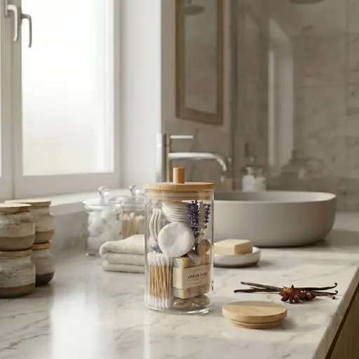 [BATHAC87] 360 HOME COTTON SWAB CAN CYLINDRICAL POLYSTERINE+LID BAMBOO：D7.1*10.3WEIGHT ：77g