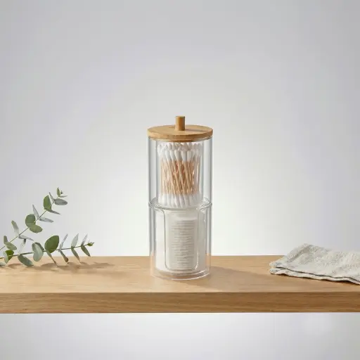 [BATHAC88] 360 HOME COTTON SWAB CAN CYLINDRICAL POLYSTERINE+LID BAMBOO D7.1*18.6 WEIGHT：123g