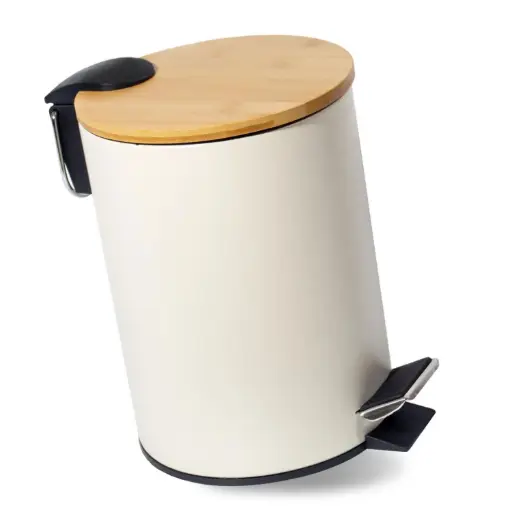 [BATHAC94] 360 HOME IRON TRSH CAN CYLINDRICAL WITH LID BAMBOO  20.5x25.5cm,900g APRICOT COLOR