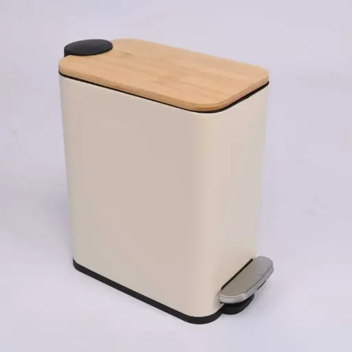 [BATHAC95] 360 HOME IRON  TRASH CAN RECTANGULAR WITH LID BAMBOO 27x14.2x27.5cm,1059g APRICOT COLOR