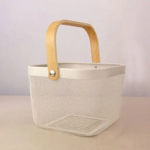 [BATHAC99] 360 HOME IRON BASKET 24.5×24.5×18.5 LIGHT GOLD+BAMBOO HANDLE