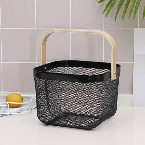 [BATHAC100] 360 HOME IRON BASKET 24.5×24.5×18.5 BLACK+BAMBOO HANDLE