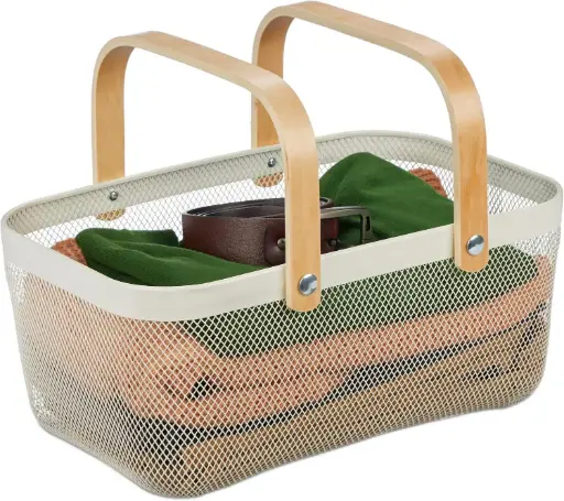 [BATHAC101] 360 HOME IRON STORAGE BASKET LIGHT GOLD 40×24.5×18.5 DOUBLE HAND BAMBOO