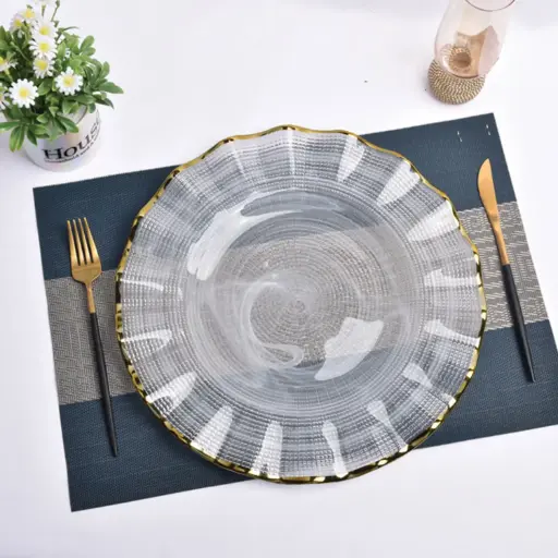 [GLPLA1] 360 HOME GLASS PLACEMAT ELECTROPLATED WAVY GOLD EDGE WHITE SAND 33CM
