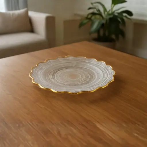 [GLPLA1] 360 HOME GLASS PLACEMAT ELECTROPLATED WAVY GOLD EDGE WHITE SAND 33CM
