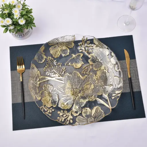 [GLPLA2] 360 HOME GLASS PLACEMAT V-GROOVE FLORAL DESIGN PLATING 33CM 