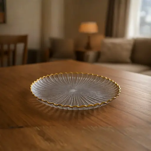 [GLPLA12] 360 HOME GLASS PLACEMAT STRIPED WAVY GOLD ELECTROPLATE EDGE 33CM