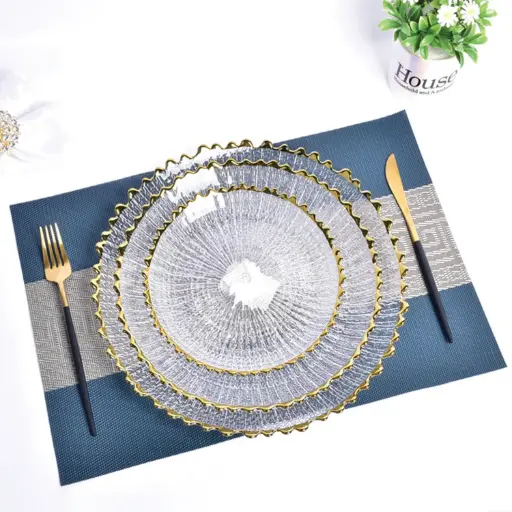 [GLPLA12] 360 HOME GLASS PLACEMAT STRIPED WAVY GOLD ELECTROPLATE EDGE 33CM