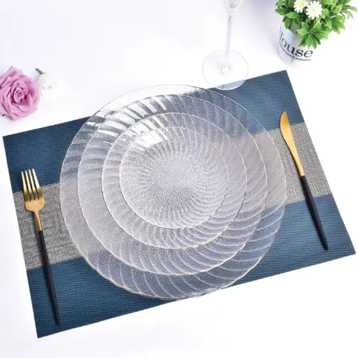 [GLPLA13] 360 HOME GLASS PLACEMAT STRIPED ELECTROPLATE EDGE 21CM