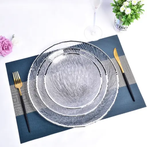 [GLPLA16] 360 HOME GLASS PLACEMAT STRIPED SILVER ELECTROPLATE EDGE 33CM