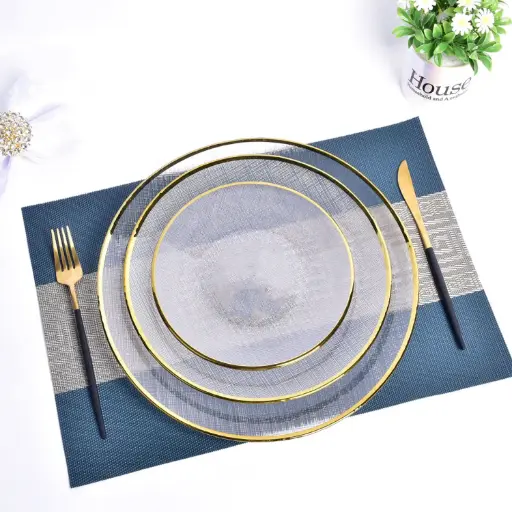 [GLPLA18] 360 HOME GLASS PLACEMAT STRIPED GOLD ELECTROPLATE EDGE 33CM