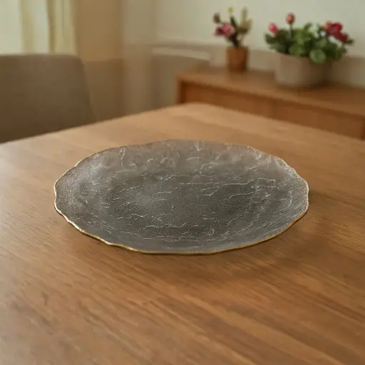 [GLPLA22] 360 HOME GLASS PLACEMAT FLOWER STRIPED SHAPE GOLD ELECTROPLATE EDGE 33CM