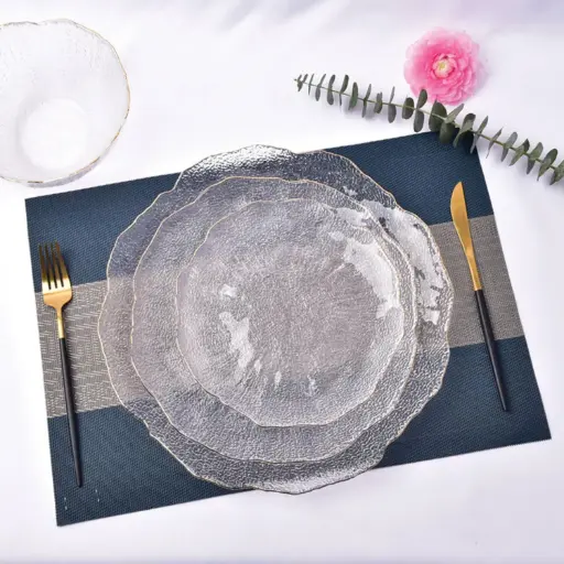 [GLPLA23] 360 HOME GLASS PLACEMAT FLOWER STRIPED SHAPE GOLD ELECTROPLATE EDGE 27CM