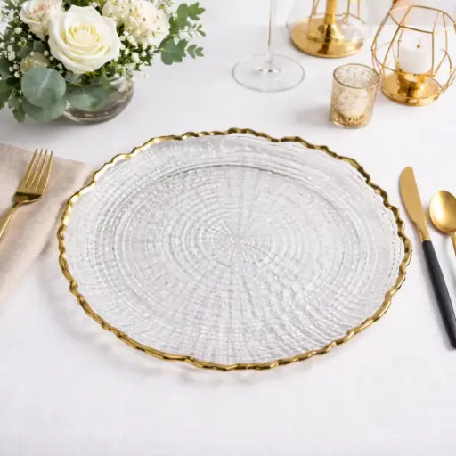 [GLPLA25] 360 HOME GLASS PLACEMAT FLOWER  STRIPED SHAPE BOLD GOLD ELECTROPLATE EDGE 33CM