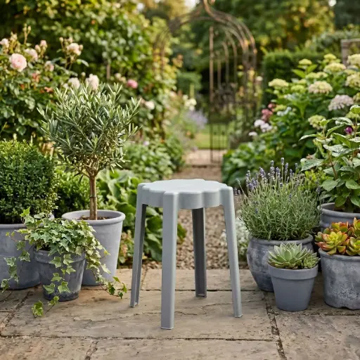 [OCHA-38] 360 HOME STOOL STACKABLE PLASTIC POLYPROPILENE FLOWER-PETAL TOP DESIGN GREY