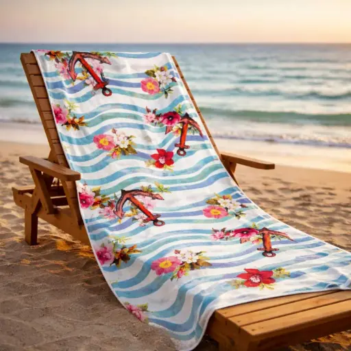 [TOBEA5] 360 HOME BEACH TOWEL FLORAL WAVE AND ANCHOR PATTERN 100% POLYESTER 230GSM 70x140 LIGHT BLUE AND PINK