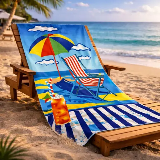 [TOBEA15] 360 HOME BEACH TOWEL BEACH CHAIR AND CUP PATTERN 100% POLYESTER 230GSM 70x140 PINK AND TURQUOISE