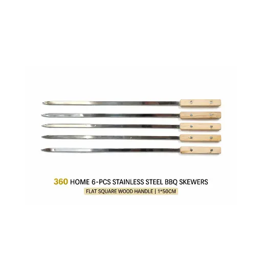 [BBQ1] 360 HOME 6-PCS STAINLESS STEEL BBQ SKEWERS FLAT SQUARE WOOD HANDLE 1*50CM