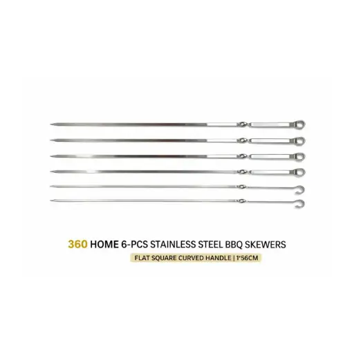 [BBQ3] 360 HOME 6-PCS STAINLESS STEEL BBQ SKEWERS FLAT SQUARE CURVED HANDLE 1*56CM