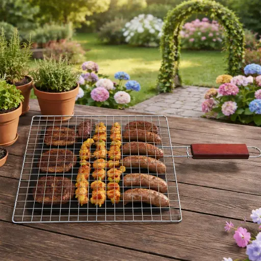 [BBQ4] 360 HOME STAINLESS STEEL BBQ FLAT GRILL BASKET WOOD HANDLE 35*26*50CM