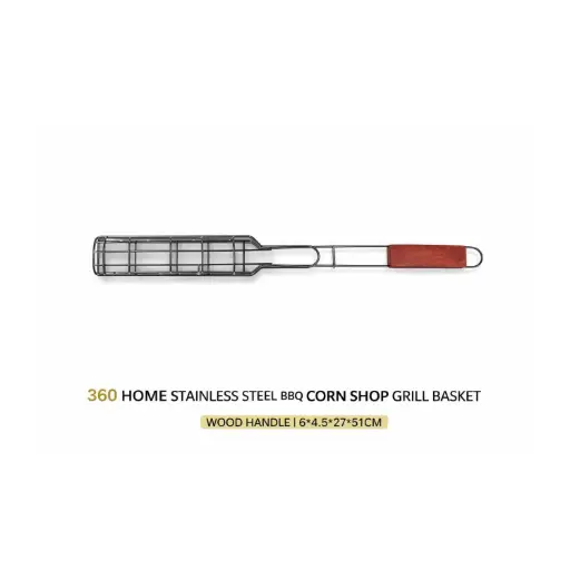 [BBQ7] 360 HOME STAINLESS STEEL BBQ CORN SHOP GRILL BASKET WOOD HANDLE 6*4.5*27*51CM