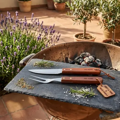 [BBQ8] 360 HOME 2-PCS STAINLESS STEEL BBQ TOOL SET KNIFE & FORK WOOD HANDLE 