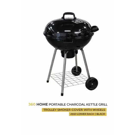 [BBQ19] 360 HOME PORTABLE CHARCOAL KETTLE GRILL TROLLEY SMOKER COVER WITH WHEELS AND LOWER RACK  BLACK