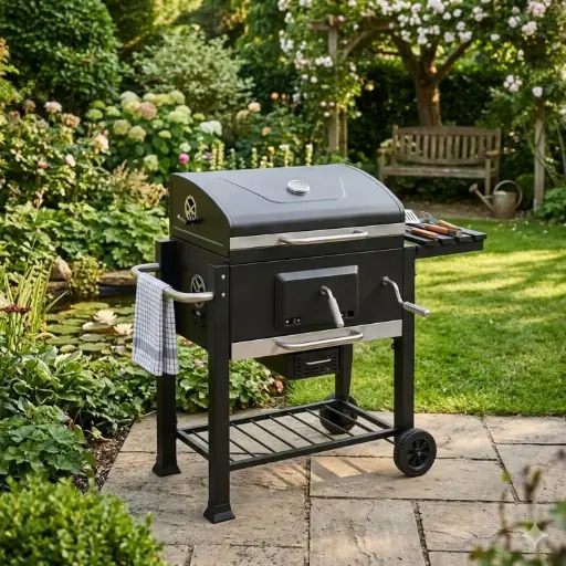 [BBQ20] 360 HOME PORTABLE CHARCOAL BBQ GRILL TROLLEY SMOKER COVER WITH WHEELS LOWER RACK AND THERMOMETER 61.5*46*47.5*38*100CM BLACK