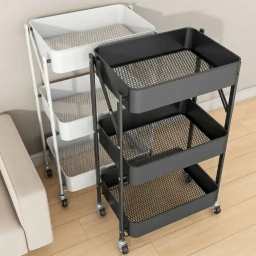 [CABIN3] 360 HOME 3-TIER IRON FOLDABLE TROLLEY STORAGE RACK WITH WHEELS 79*46*30 BLACK