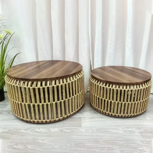 [INDBOH45] 360 HOME TABLE METAL & ROPE 70*70*35 55*55*30 WOOD TOP SET 2 PCS NATURAL