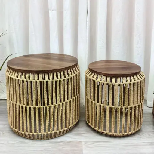 [INDBOH46] 360 HOME TABLE METAL WITH ROPE  55*55*46 42*42*42 WOOD TOP SET OF 2 PCS NATURAL