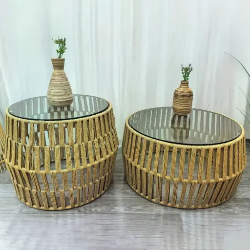 [INDBOH47] 360 HOME TABLE GLASS & ROPE 72*72*36 96*63*47 ROUND TOP SET OF 2 PCS NATURAL 