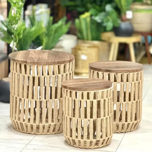 [INDBOH22] 360 HOME TABLE INDOOR 40*40*45 35*35*40 30*30*35 RATAN WITH WOODEN TOP ROUND SET OF 3PCS
