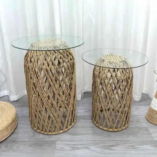 [INDBOH50] 360 HOME TABLE INDOOR GLASS & RATAN 33*56  25*46 ROUND SET OF 2 PCS NATURAL