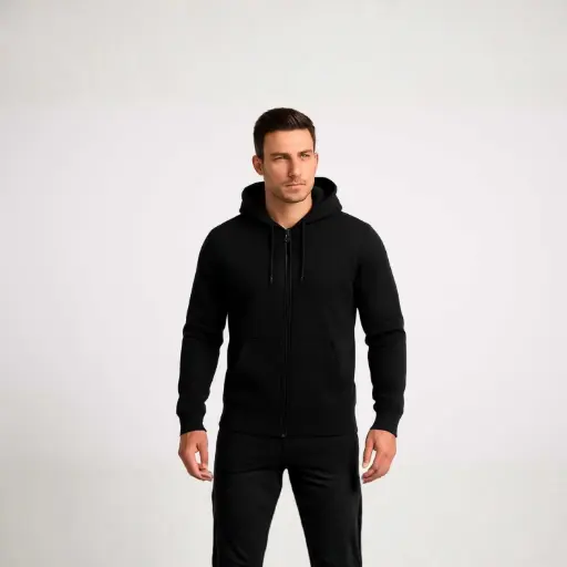 [EGMFMZ-B] 360 COTTON, MEN'S HOODY, 100% EGYPTIAN COTTON MELTON FLEECE MEN HOODIE BLACK