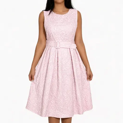 [39360PPTH3] 360 COTTON SLEEVELESS DRESS WITH FLOWER 3D JAQUARD FABRIC BABY PINK 