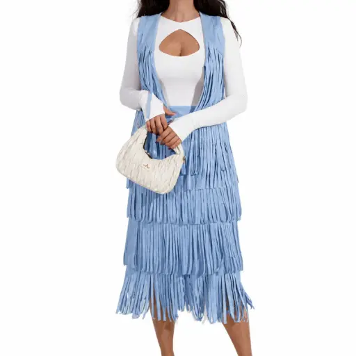 [33336KQJP17] 360 COTTON MIDI SKIRT, DAIM FRINGES,SKY BLU 