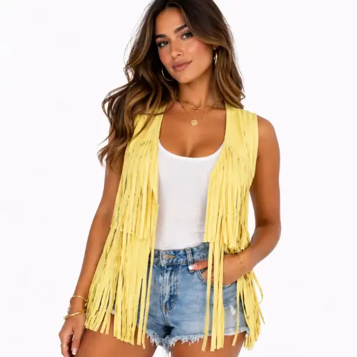 [33565/1SMJPR35] 360 COTTON GILET DAIM WITH FRINGE YELLOW