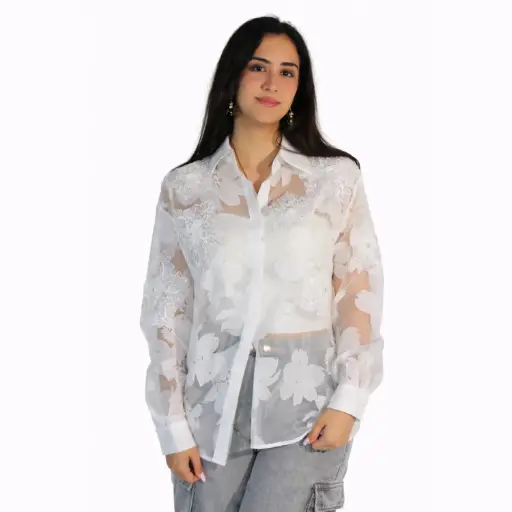 [M5226744] 360 COTTON SHIRT LONG SLEEVE FLOWER, SHEER,WHITE
