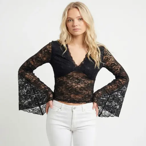 [M1327350] 360 COTTON TOP LONG BELL SLEEVE LACE BLACK 
