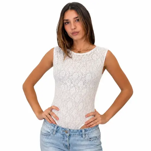 [39516YDLS74] 360 COTTON BODY, SLEEVELESS WITH LACE BEIGE 