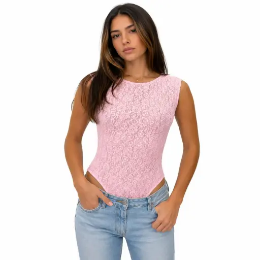 [39516YDLS76] 360 COTTON BODY, SLEEVELESS WITH LACE BABY PINK 